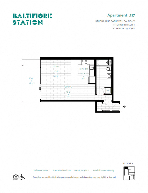 Floor plan for studio, 1 bath, 570 sqft